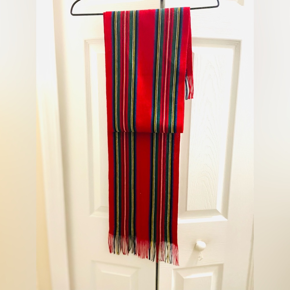 John Wanamaker 100% Merino Wool Scarf Red/Green/Blue/Yellow Striped Scarf 6ft
